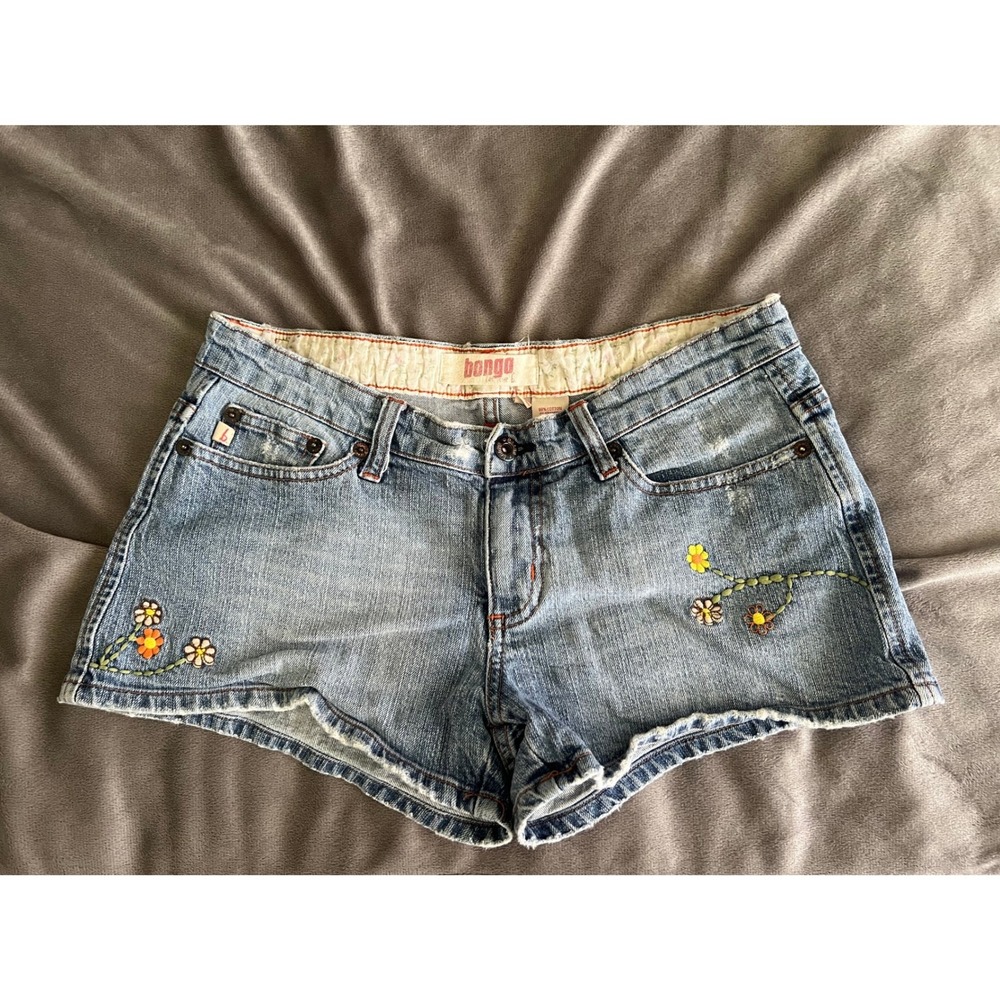 Bongo Vintage Embroidered Flower Denim Shorts Blue Jean Cottagecore Hippie Sz 7